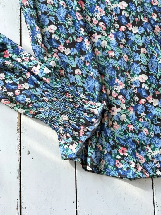 Fantaslook Blue Floral Jersey Knit Blouse Medium Stretch Smocked Sleeve Boho Top - Picture 4 of 6